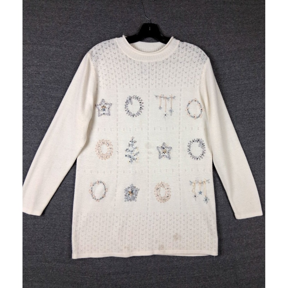 VTG‎ Napa Valley Womens Sweater S White Embroidered Floral Granny Cottage Whimsy